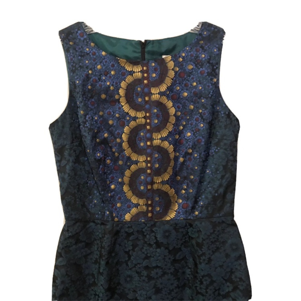 Lotus Grace size 8 sleeveless structured sheath blue green gold art midi dress